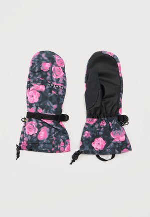 Paire de moufles d’hiver noires à imprimé floral rose vif, avec des sangles de poignet réglables et des clips ; l’une montre la paume et l’autre le dos.