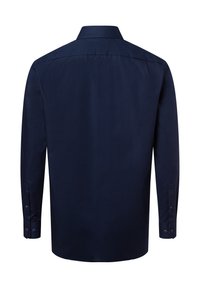 Dunkelblaues Langarmhemd mit Button-Down-Kragen, das über eine glatte Textur und geknöpfte Manschetten verfügt. Die Rückansicht zeigt ein sauberes Design.