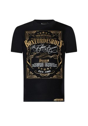 T-shirt in cotone nero con un design grafico oro e bianco dallo stile vintage. Il testo include "Boxeur des Rues" e "The Fighter Brand."