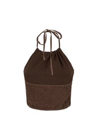 Top halter marrone realizzato in tessuto leggero, caratterizzato da un corpetto arricciato, spalline regolabili e un pannello inferiore arricciato per una maggiore elasticità.