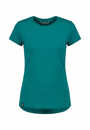 Turkooizen korte mouw dames T-shirt met aansluitende pasvorm, ronde halslijn en klein zwart etiketje bij de zoom onderaan.