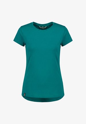 Turkooizen korte mouw dames T-shirt met aansluitende pasvorm, ronde halslijn en klein zwart etiketje bij de zoom onderaan.