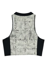 Haut court sans manches avec côtés noirs et dos blanc orné de carrés à lignes courbes noires abstraites.