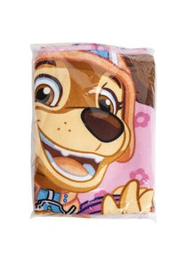 Miękka polarowa koc z postacią psa z kreskówki w żywych kolorach, głównie brązowym i różowym, z uśmiechniętym wyrazem twarzy i zabawnym wzorem.