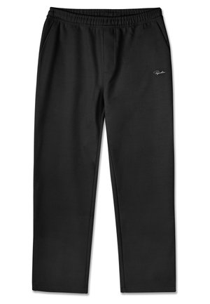 Schwarze Sporthosen mit einem elastischen Bund, zwei Seitentaschen und einem dezenten Logo. Hergestellt aus einem glatten, atmungsaktiven Stoff mit geradem Schnitt.