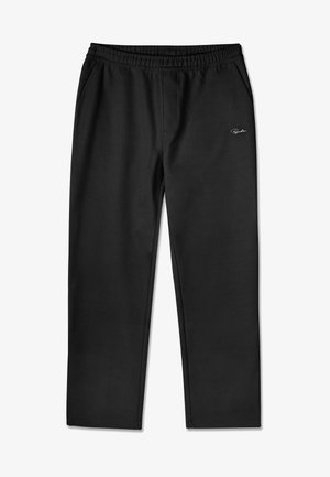 Schwarze Sporthosen mit einem elastischen Bund, zwei Seitentaschen und einem dezenten Logo. Hergestellt aus einem glatten, atmungsaktiven Stoff mit geradem Schnitt.