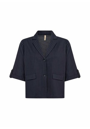 Navyblauwe blazer met korte mouwen en dunne witte krijtstrepen, twee voorzakken met kleppen en twee knopen aan de voorkant.