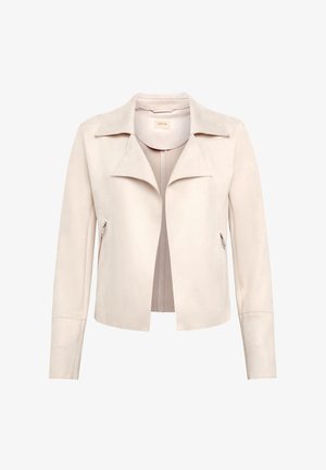 Beige Jacke aus Kunstwildleder mit Reverskragen, vorderen Reißverschlusstaschen und langen Ärmeln. Verfügt über ein kurzes Design und eine glatte Textur.