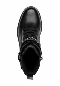 Black leather ankle boot with smooth finish, lace-up front, and side zipper. Features a round toe and a padded collar.