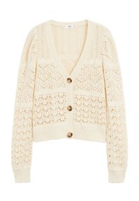 Kremowy sweter z dzianiny z dekoltem w serek, wyszukaną koronkową strukturą oraz dużymi brązowymi guzikami z przodu, z prążkowanymi mankietami i dołem.