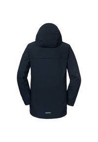 Námořnická venkovní bunda z voděodolné tkaniny, s kapucí a rovnou siluetou. Mezi vlastnosti patří vyvýšená zadní část a žádné viditelné kovové prvky.