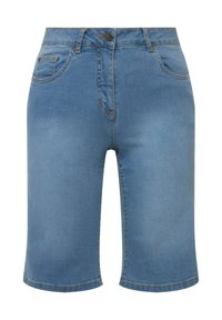Shorts in denim azzurro chiaro, caratterizzati da un classico design a cinque tasche, chiusura frontale con bottone e taglio dritto, con dettagli di cucitura visibili.