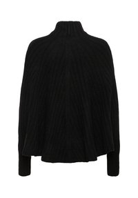 Juodas rainelės megztinis su aukštu kaklu, ilgomis rankovėmis ir šiek tiek platėjančiu siluetu.