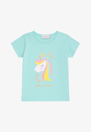 Hellblaues Baumwoll-T-Shirt mit kurzen Ärmeln, mit einem Einhorn-Design in Pink, Gold und Gelb sowie dem Text "where dreams begin".
