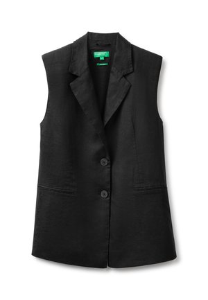 Blazer noir sans manches avec col à revers et deux boutons sur le devant, comprenant deux poches horizontales et une étiquette de marque verte à l'intérieur du col.