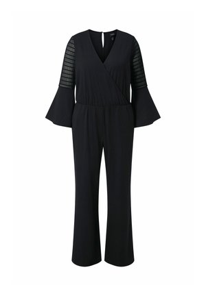 Černý overal s výstřihem do V, širokými nohavicemi, rozšířenými rukávy ve tvaru zvonu a krajkovými síťovanými detaily na horní části rukávů.