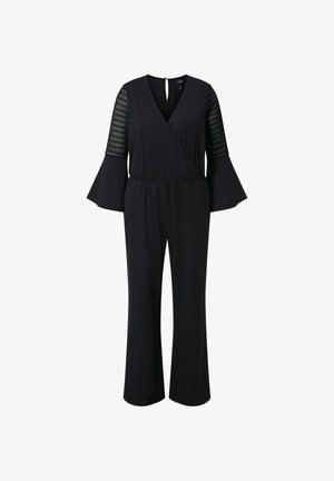 Černý overal s výstřihem do V, širokými nohavicemi, rozšířenými rukávy ve tvaru zvonu a krajkovými síťovanými detaily na horní části rukávů.