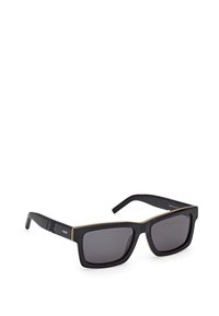 Černé sluneční brýle s matným povrchem, obdélníkovým rámem, tmavými skly a zlatým akcentem na horním okraji. Obsahují flexibilní stranice.