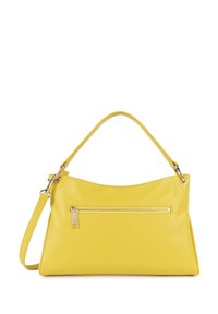 Borsa a tracolla in pelle gialla con finitura testurizzata, manico singolo e tasca frontale con zip. Presenta dettagli in hardware dorato.
