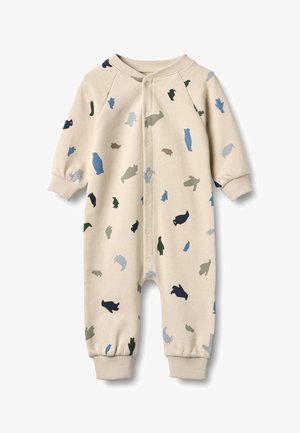 Body de bumbac bej cu mâneci lungi, decorat cu o varietate de siluete mici de animale în albastru, verde și maro. Închidere cu capse în față.