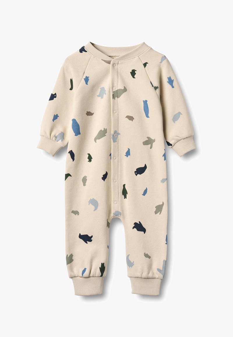 Beige puuvillainen haalari, jossa on pitkät hihat ja useita pieniä eläinvarjokuvia sinisenä, vihreänä ja ruskeana. Edessä nappikiinnitys.