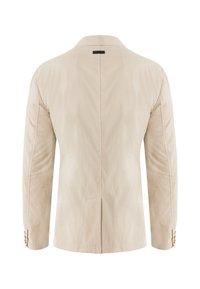 Beige, leichte Jacke mit langen Ärmeln, Notch-Kragen und einem zentralen Rückenschlitz. Verfügt über Knopfmanschetten und eine glatte Textur.