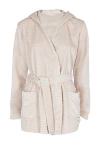 Accappatoio beige con cappuccio realizzato in tessuto morbido, dotato di cintura in vita, due tasche frontali e dettagli a coste lungo i bordi.