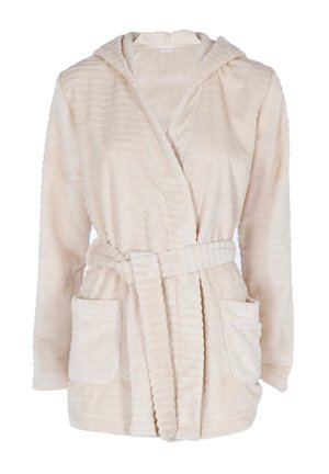 Accappatoio beige con cappuccio realizzato in tessuto morbido, dotato di cintura in vita, due tasche frontali e dettagli a coste lungo i bordi.