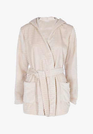Accappatoio beige con cappuccio realizzato in tessuto morbido, dotato di cintura in vita, due tasche frontali e dettagli a coste lungo i bordi.
