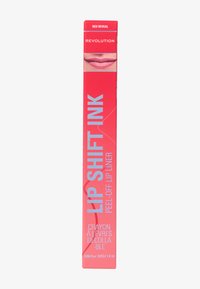 Rode, rechthoekige verpakking met glanzende afwerking. Bevat zilveren tekst: "LIP SHIFT INK" en "PEEL-OFF LIP LINER." Bevat een lipproduct.