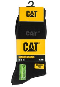 Chaussettes de costume noires en coton peigné, dotées d'une partie supérieure confortable. Emballées avec une étiquette jaune affichant le logo CAT et les détails de taille.