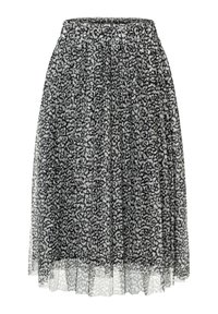 Jupe en imprimé léopard noir et blanc en tissu transparent, dotée d'une taille élastique et d'un design plissé, arrivant à mi-longueur.