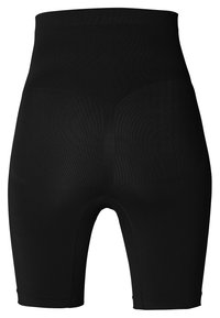 Højtaljede sorte formende shorts lavet af strækbart stof, med en glat tekstur og en åben skridtsøm for nem påklædning.