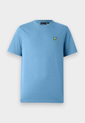 Lichtblauw t-shirt met korte mouwen en ronde hals, met een klein geel en zwart vogel logo op de linkerborst.