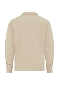 Beige long-sleeve shirt made of soft cotton. Features a classic collar, buttoned cuffs, and a plain back without embellishments.