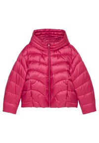 Giacca imbottita rosa con colletto alto e zip frontale completa. Presenta cuciture a zigzag e un design corto. Texture liscia e lucida.