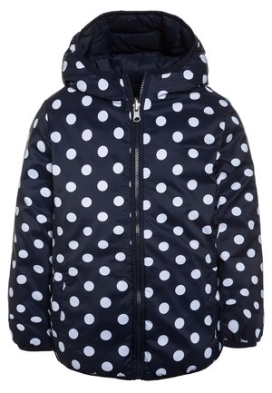 Dunkelblaue Kinder-Kapuzensjacke mit weißen Punkten, Frontreißverschluss und Seitentaschen.