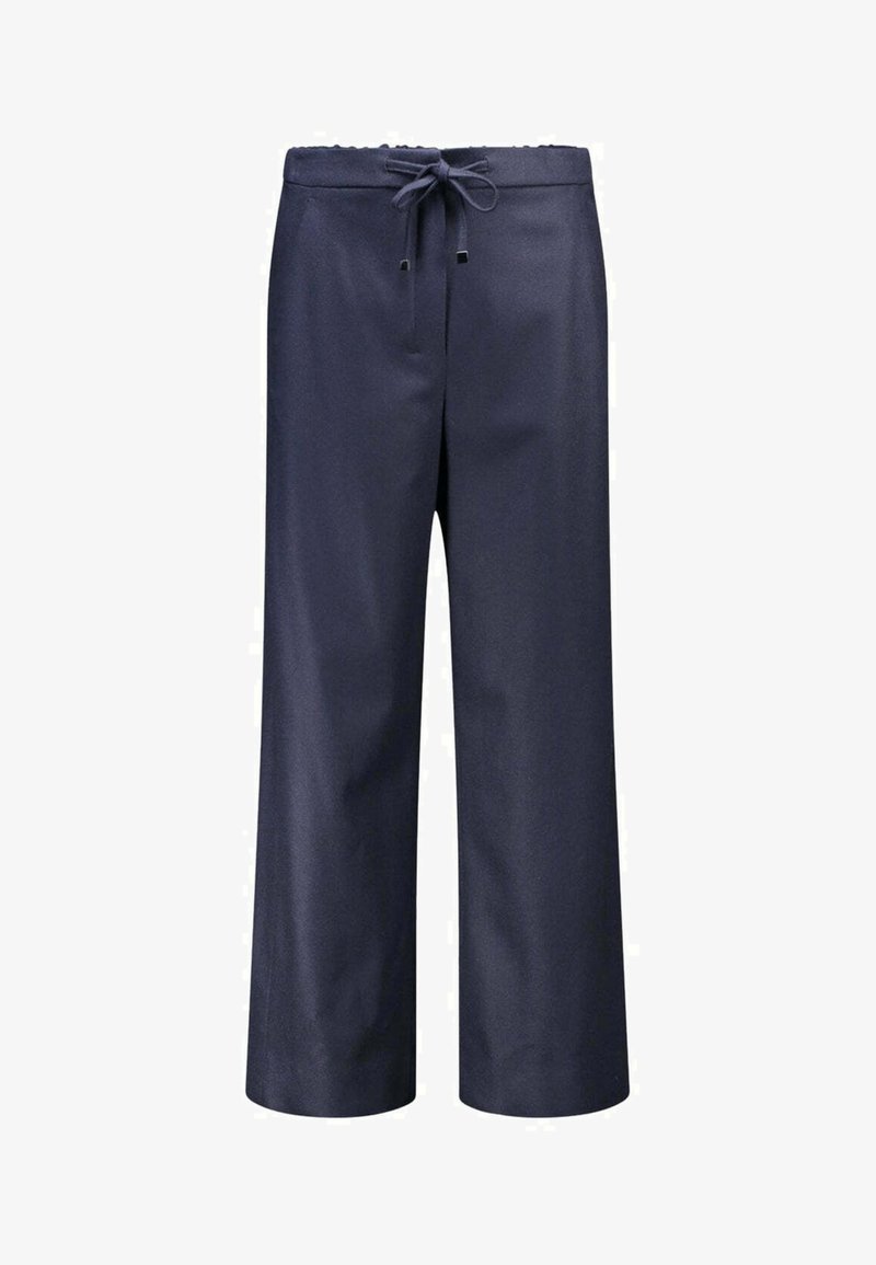 Pantaloni larghi blu navy con vita regolabile. Realizzati in un tessuto liscio, presentano un design semplice senza ulteriori motivi o dettagli.