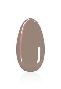 Beige Nagellackprobe mit glänzendem Finish, ovaler Form und glatter Textur, die Licht auf einem weißen Hintergrund reflektiert.