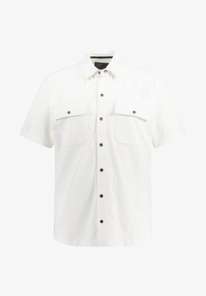 Kortærmet hvid skjorte lavet af bomuld med nedknappet krave, to brystlommer og sorte trykknapper. Glat tekstur og tætsiddende pasform.