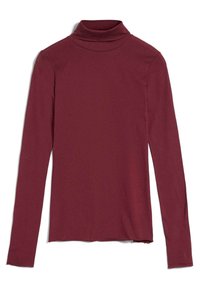 Burgundin värinen turtleneck pitkähihaine paita, joka on valmistettu sileästä, joustavasta kankaasta ja on tiukasti istuva sekä korkeakauluksinen. Ei näkyviä kuvioita tai yksityiskohtia.