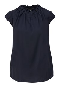 Blusa blu navy con maniche corte, scollatura rotonda plissettata e tessuto leggero e fluido. Presenta un taglio dritto e una leggera lucentezza.