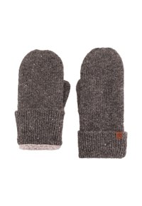 Wełniane rękawiczki w ciemnoszarym kolorze z prążkowanymi mankietami. Miękka podszewka z polaru. Mała brązowa metka z logo. Teksturowana powierzchnia z delikatnymi plamkami.