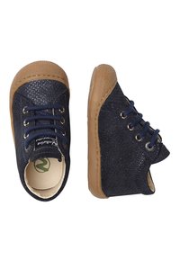 Navy blue shoes with a textured finish, featuring round laces, tan rubber soles, and circular metal eyelets.