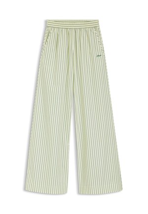 Pantaloni a gamba larga con sottili righe verticali verdi, vita elasticizzata, tasche laterali e piccolo logo verde ricamato sulla coscia sinistra.