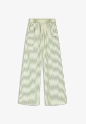 Pantaloni a gamba larga con sottili righe verticali verdi, vita elasticizzata, tasche laterali e piccolo logo verde ricamato sulla coscia sinistra.