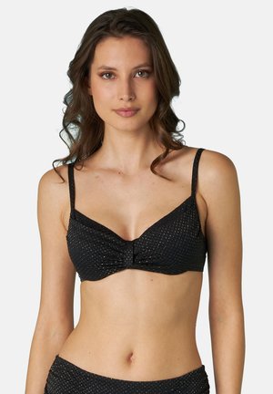 Top bikini nero con un design testurizzato, caratterizzato da un dettaglio anteriore attorcigliato e spalline sottili. Accentuato da sottili punti metallici.
