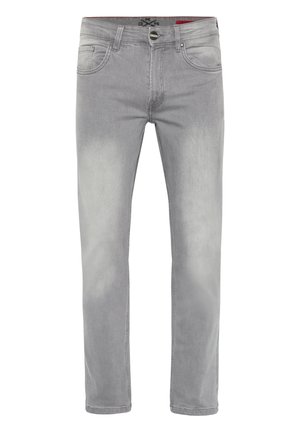 Grey denim jeans with a straight cut, five-pocket design, subtle fading on the thighs, and a button closure at the waist.