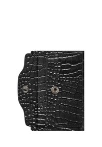 Black crocodile-embossed leather wallet with a textured surface, featuring a silver snap closure and rounded edges.