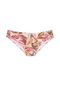 Gėlėtos bikini kelnaitės su aukštu juosmeniu. Pabrėžia ryškius rožinius, oranžinius ir žalius lapų raštus ant kreminio fono. Minkšta audinio tekstūra.